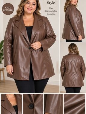 Plus-Size Faux Leather Blazer Jacket - Brown